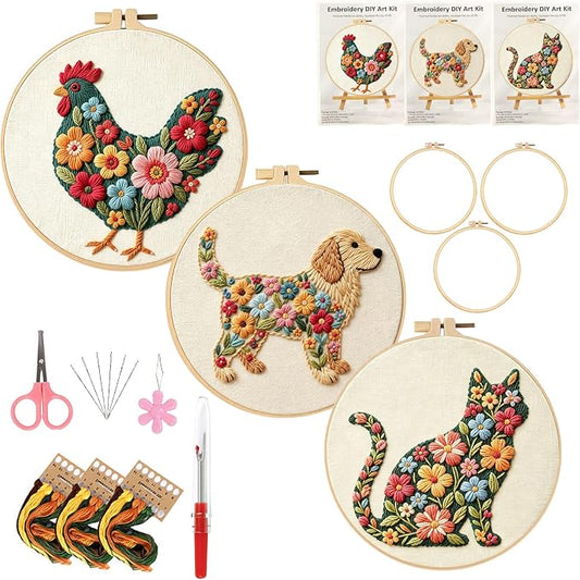 3 Packs Embroidery Kit for Adults, Embroidery for Beginners (Animal)