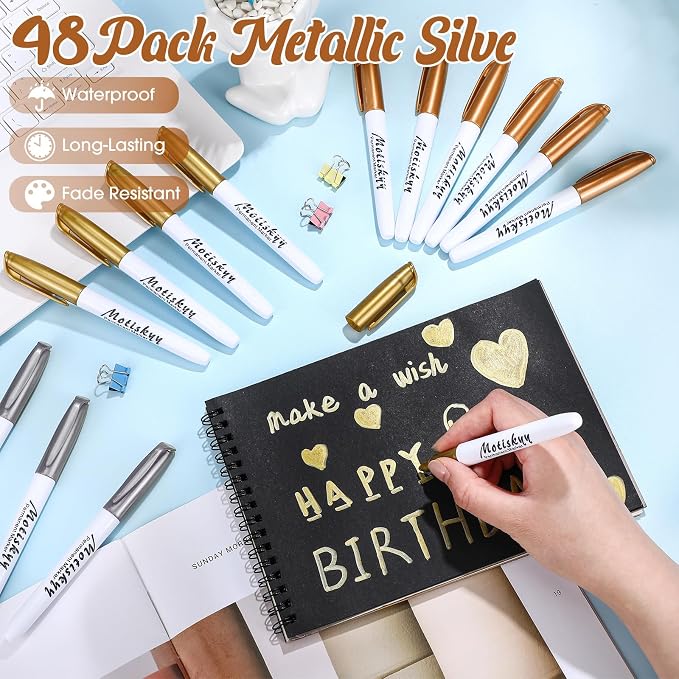 Motiskyy 48 Pcs Metallic Permanent Markers Medium Tip Pen,Gold Silver Copper