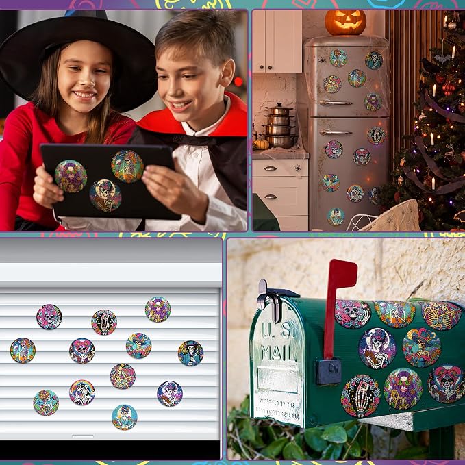 Zonon 12 Pcs Halloween Diamond Art Magnets Sugar Skull Diamond Painting | Colorful Skull Magnetic Stickers Kits for Adults, Easy DIY Fridge Decor for Party Home, Fun Craft