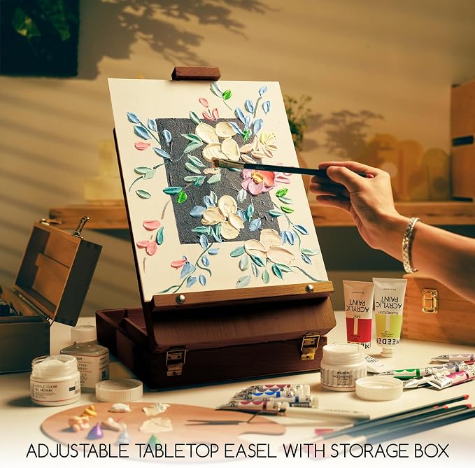 MEEDEN Table Top Easel for Painting: Portable Tabletop Easel with Storage | Wood Easel for Adults - Sketch Box Easel for Students Artist Beginner - Art Desk Easel for Plein Air Walnut 15"x10.5"
