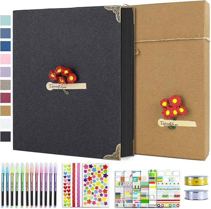 Vienrose DIY Scrapbook Photo Album Kit,8.5x11 Inch,60 Pages,Black | 30 Sheets,Hardcover,3-Ring Removable Black Paper,Pens,Tapes,Stickers,Gift for Lover Friends Kids Wedding Valentine's