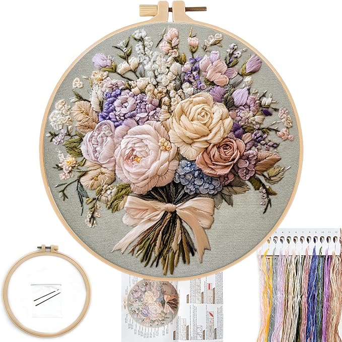 FONNUY Bouquet Flowers Embroidery Kit for Beginners, Pre-Stamped Pattern Kits for Adults with Hoop, Easy to Follow Color Thread Needlework, 8'' Hoop (Timeless Elegance)