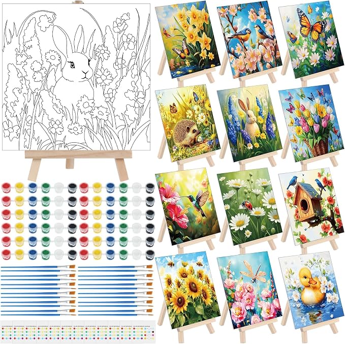 Tenceur 12 Sets Pre Drawn Canvas to Paint Adult Stretched Coloring Painting Canvas Panels with Design Easel and Brushes for Party Supplies Beginner Favor(Garden)