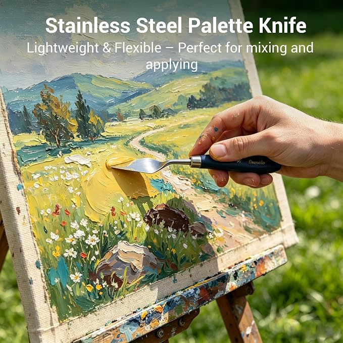 finenolo 25pcs Professional Paint Brush Set, 9 Shapes with Palette Knife | Synthetic bristles for smooth, even strokes, includes palette knife & canvas roll with slots, great for all skill levels