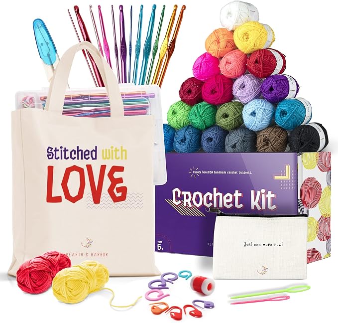Hearth & Harbor Crochet Kit with 1100 Yards Assorted Yarn Kit, 9 Ergonomic Hooks, Crocheting Instruction, Knitting & Crochet Supplies - Beginner Crochet Kits for Adults, Ideal for Amigurumi