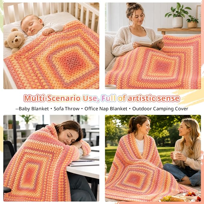 Coopay Crochet Kit for Beginners Adults, Gradient Granny Square Blanket Kit