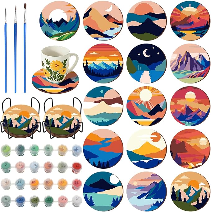 Reallnaive 8 Pcs Mountain Paint by Numbers Kit for Adults Wooden Coasters | Mini Paint by Numbers, Tiny Landscape Round Oil Painting Drink Coaster with Holder, for Small DIY Craft Birthday Gift