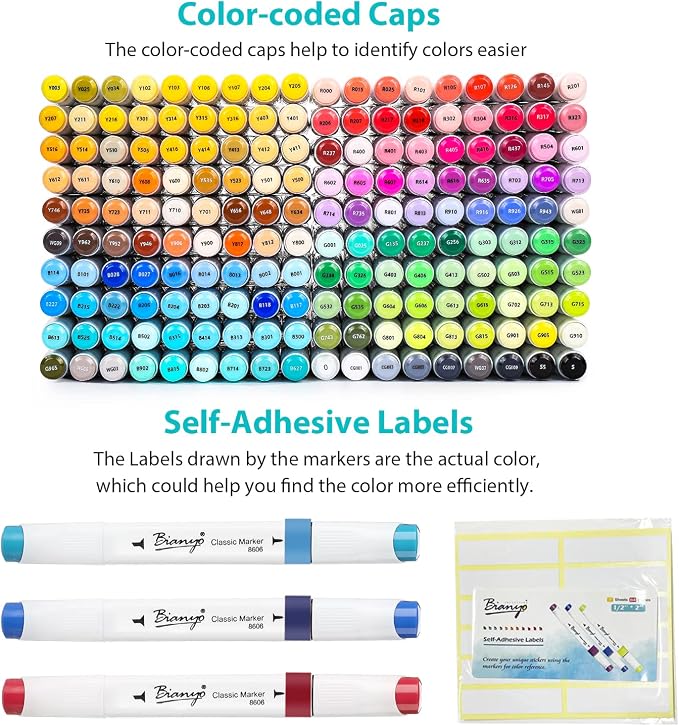 Bianyo 180 Colors Alcohol Markers Set, Dual Tip Fine & Chisel Markers for Adult Coloring, Drawing & Sketching, Popular Color Collection with Black Canvas Bag – High-Value Set for Artists