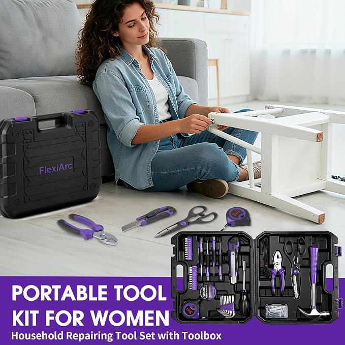 General Household Tool Set - Purple Hand Tool Kit with Waist Pouch & Gloves, Tool Kit for Women Everyday Home Repairs, DIY and Crafts, 112 pcs