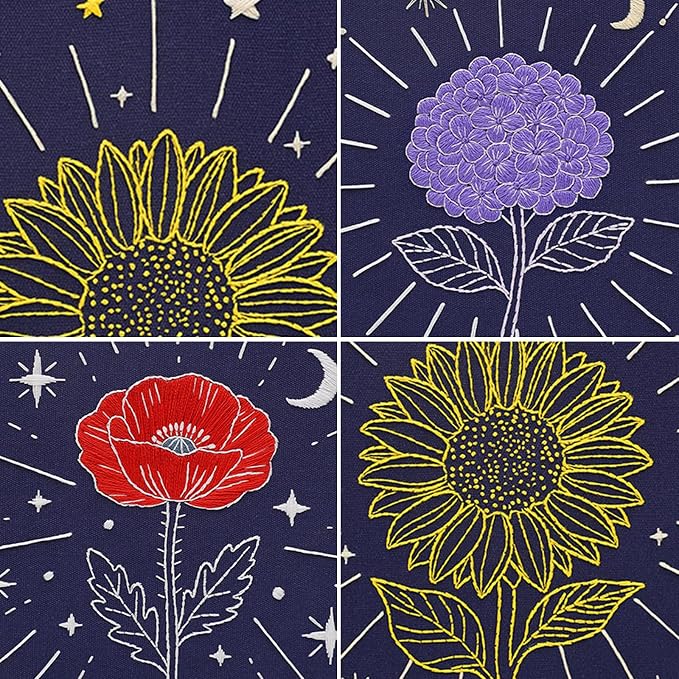 Louise Maelys 3Pcs Tarot Flower Embroidery Kit for Beginners DIY Craft Kit | Complete Needlepoint Kit with 3 Printed Fabric Patterns, Embroidery Hoop, Color Threads, Needles and Guide for Craft Lovers