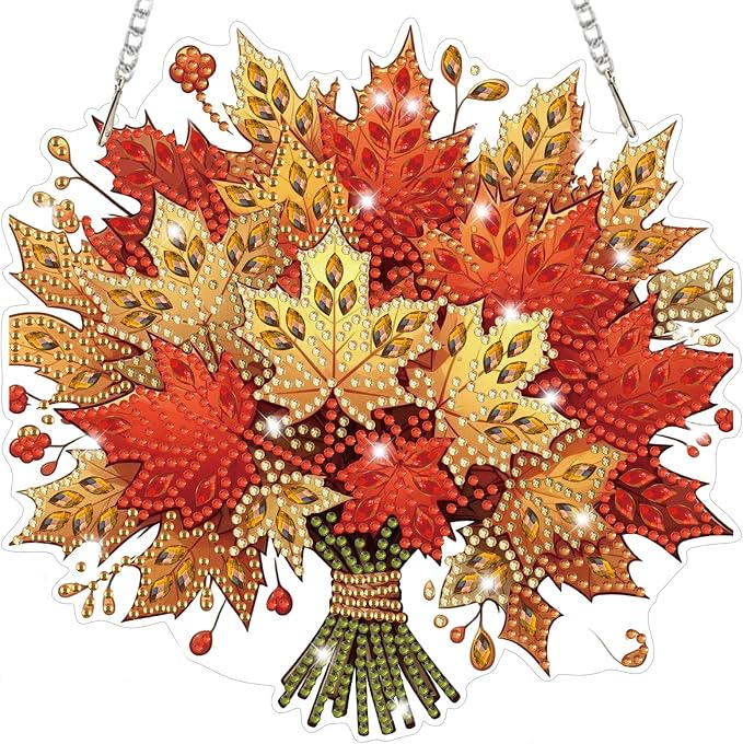 Bowetile Maple Leaf Diamond Art Hanging Kits for Adults, Autumn Diamond Art Suncatchers, 5D Special Shape Fall Diamond Painting Pendant Window Ornament Halloween for Home Door Wall Decor