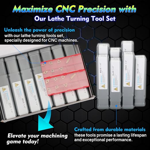 Indexable Lathe Turning Tool 21Pcs Kit 1/4'' 6mm Shank 7Pcs Metal Lathe Tools Holder Set with 14Pcs Turning Inserts for Turning Grooving Threading Boring Carbide Inserts Carbide Turning Tool