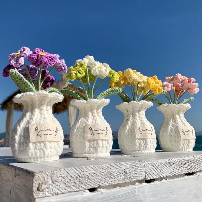 Forget-me-not Crochet Flower Potted Plant Pink - Handmade Desk Decor for Her Girlfriend Wife Mom Friends Sister Graduation Birthday Wedding Anniversary Home Decoration