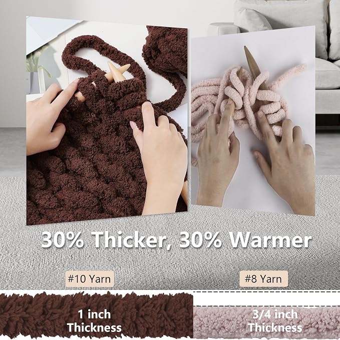 Cozyful Chunky Yarn for Hand Knitting - #10 Chunky Chenille Yarn, Jumbo Big Thick Chunky Yarns for Crocheting, Super Bulky Chunky Knit Blanket Yarns, 8 Skein (22 yds 8 oz Each Skein), Dark Coffee