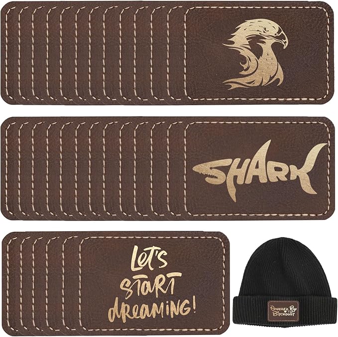 50 Pack Blank Leatherette Hat Patch with Adhesive, Rectangle Laserable Leatherette Patch, Faux Leather Patches for Hats Custom Fabric Repair Sew Laser Supplies (Brown to RusticGold)
