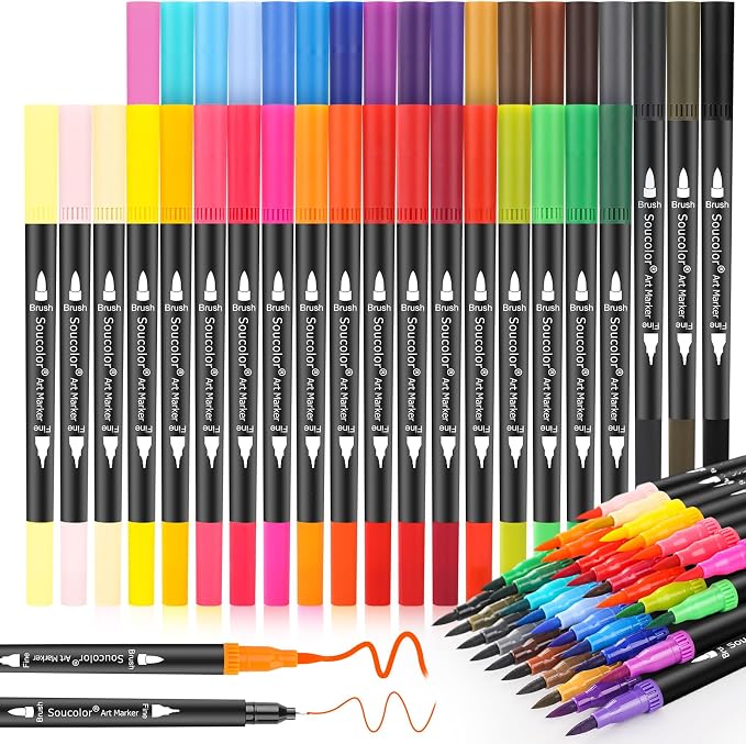 Soucolor 36 Dual Tip Brush Markers, Water-Based Art Pens, Adult Coloring | 36 Color Dual Tip Markers with Brush & Fine Point for Adult Coloring Books, Hand Lettering, Journaling & Drawing Pens