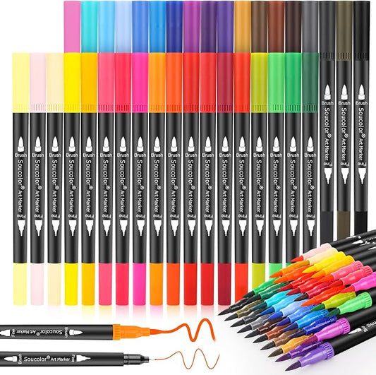 Soucolor 36 Dual Tip Brush Markers, Water-Based Art Pens, Adult Coloring | 36 Color Dual Tip Markers with Brush & Fine Point for Adult Coloring Books, Hand Lettering, Journaling & Drawing Pens
