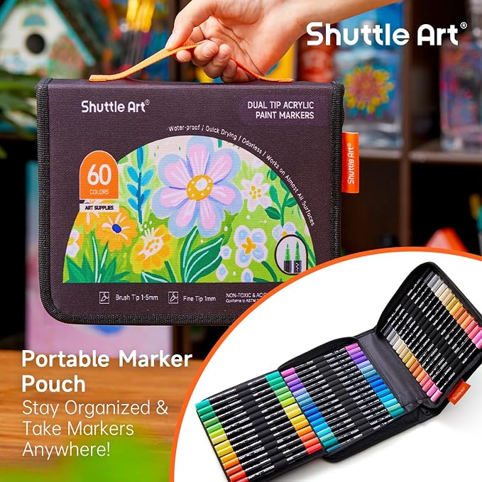 Shuttle Art 60 Colors Brush & Fine Tip Acrylic Paint Markers