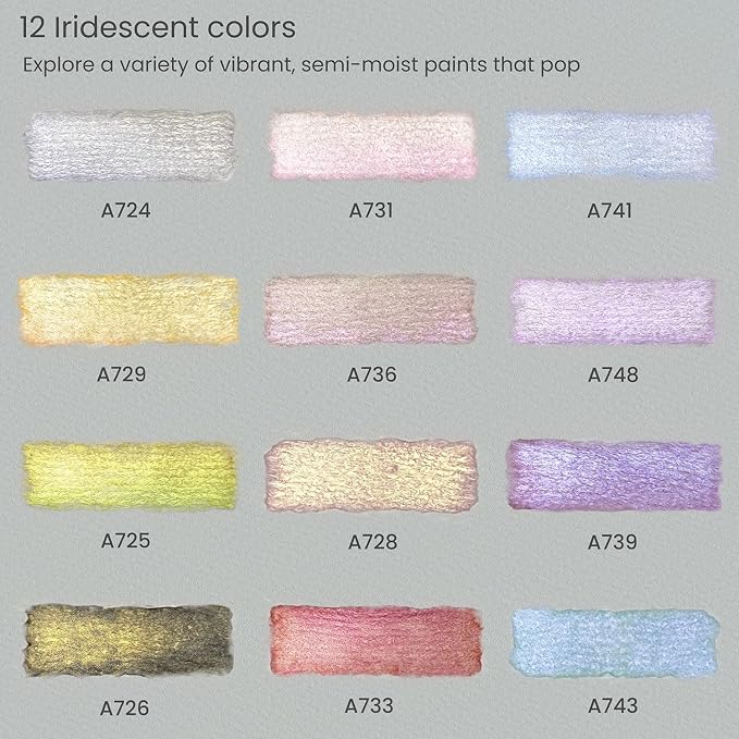 ARTEZA Metallic Watercolor Paint Set – 12 Iridescent Half Pans, Compact Travel Palette with Brush for Painting, Journaling & Mixed Media