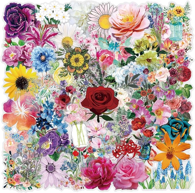 60 PCS Transparent Colorful PET Floral Stickers, for Water Bottle Laptop Cars Guitar Skateboard Bumper Vintage Waterproof Music Stickers for Teens Adults (Colourful-F10)