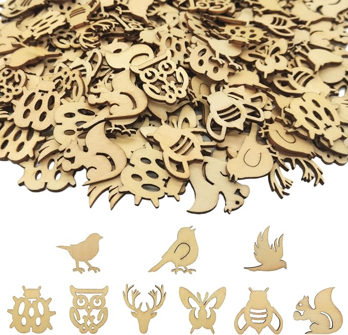 DIYOMR 200Pcs Hollow Wood Pieces Unfinished Wooden Vintage Embellishments Decorative Accessories for Graffiti Home Decor DIY Scrapbooking Handmade Crafts (Animals)