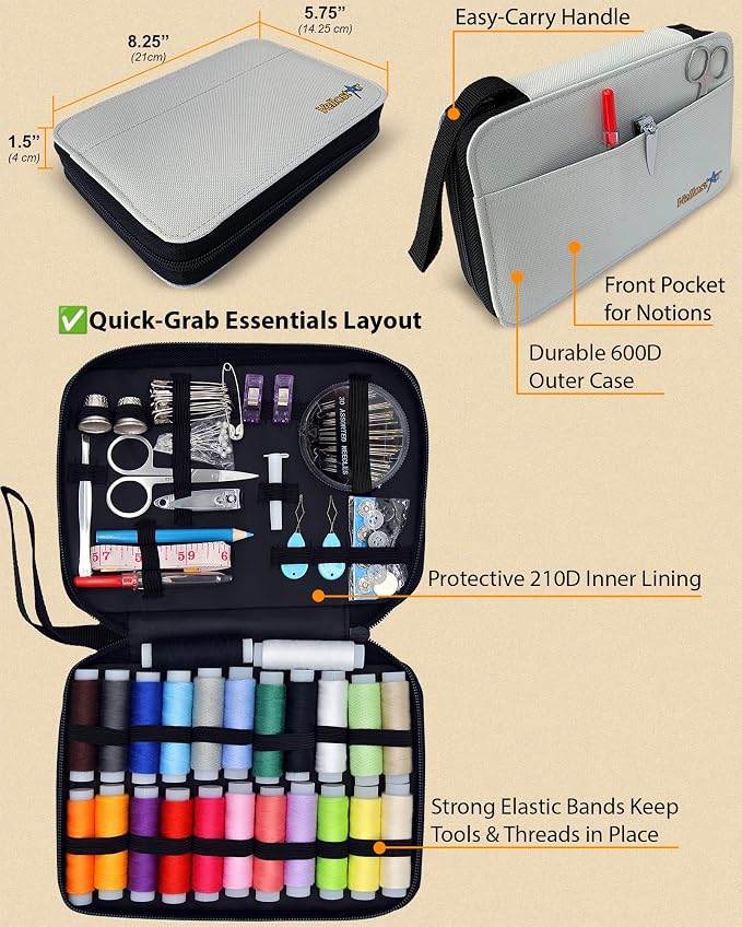 Vellostar Sewing Kit for Adults & Kids - 100-Piece Light Grey Beginner Set | Compact and portable, this sewing kit fits in a bag or glovebox for repairs on the go