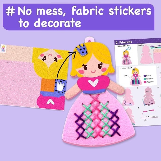 EZCRA Princess Cross Stitch Kit for Kids Ages 4-8, 8 No Mess Felt Projects