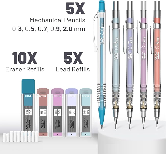 Mr. Pen- Pastel Mechanical Pencil Set, 5 Mechanical Pencils (0.3, 0.5, 0.7