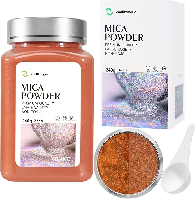 Mica Powder, Orange, 240g with Scoop, Complies with ASTM D-4236 | For Epoxy Resin, Soap, Bath Bomb, Candle| Safety Material| Odorless| Brilliant Colors