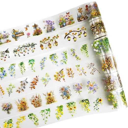 Deep Lane in Bloom PET Pre-Cut Floral Tape Set - 6 Rolls Transparent Garden Sticker Strips + 1 Clip for Scrapbook Journals Junk Journal Collage DIY Décor