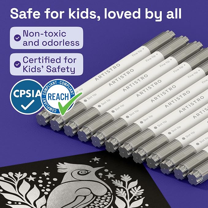 ARTISTRO Silver Dual-Tip Acrylic Paint Marker Pens - Set of 12 | For Fabric, Rock, Glass, Wood, & Coloring Books, Arts & Crafts Gift, Classroom Must Haves & School Supplies (Dot & Fine Tips)