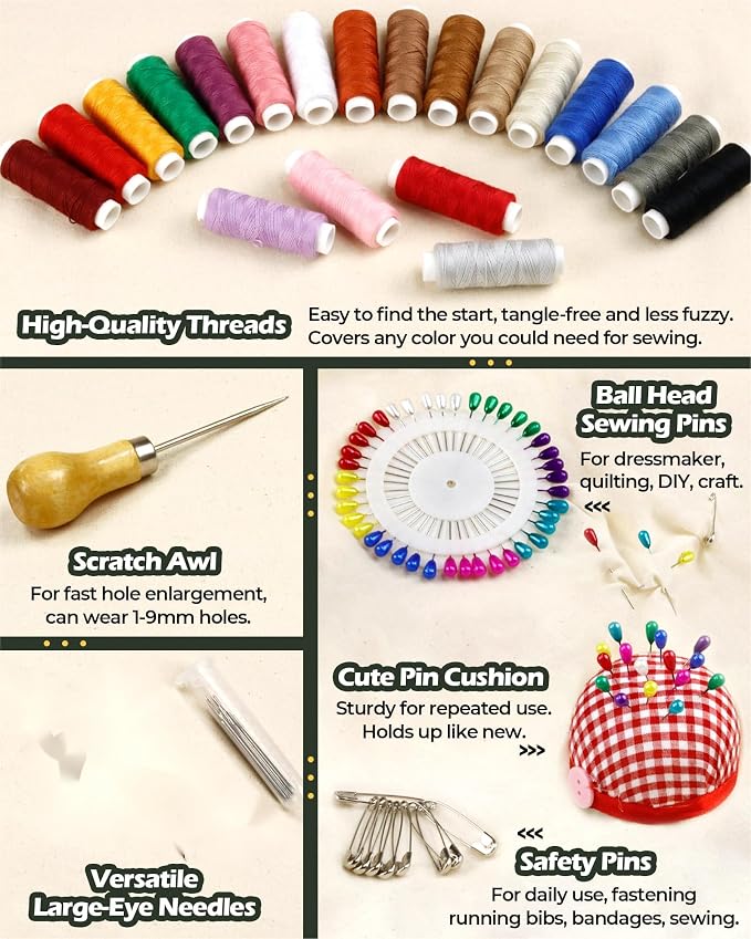Heavy Duty Sewing Kit, Upholstery Repair Sewing Kit with Sewing Awl, 120PCS | Sewing Kit, Large-Eye Needles, Sewing Awl, Seam Ripper, 20 Colors Sewing Thread, Upholstery Repair, Leather Repair, DIY