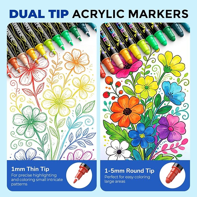Betem 120 Colors Dual Tip Acrylic Paint Markers, Fabric Decorating Kits | Premium Water-Based Acrylic Paint Pens Art Supplies for Fabric, Rock, Wood, Glass, Canvas, Ceramic, Teacher Appreciation Gift
