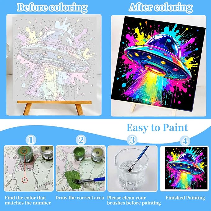 Arttoplus 4 Pack Paint by Numbers Kit for Kids with Frame Spaceship 8x8in | Cool Spaceship Kids Paint by Numbers Ages 4-8-12 with Wooden Easel, Outer Space Easy Painting by number for Gift Home Decor