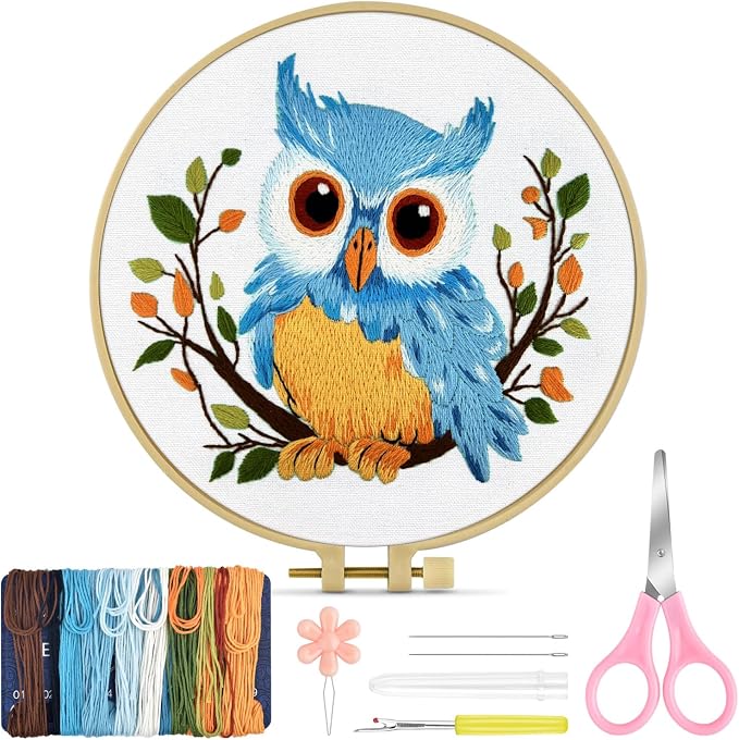 TINDTOP Embroidery Kit for Beginners Adult, Owl Embroidery Kit | Include Embroidery Cloth Hoops Threads for Craft Lover Hand Stitch with Embroidery Skill Techniques