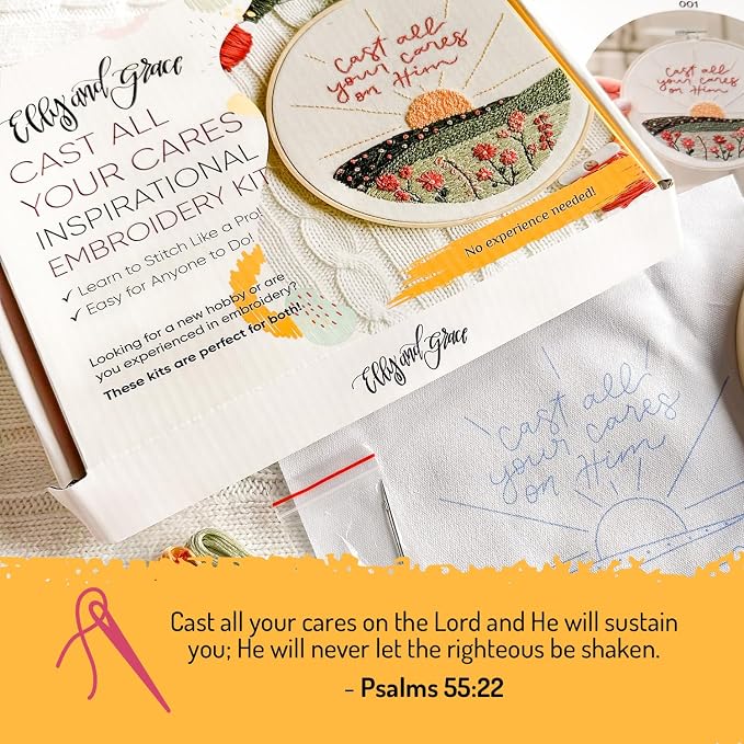 Elly & Grace Christian Embroidery Kit with Embroidery Hoop, Easy Embroidery Kit for Beginners and Adults, Full Embroidery Hoop Kit with Needles and Thread Included (Cast All Your Cares)