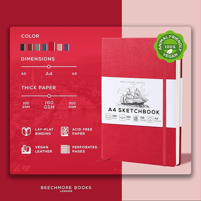 Beechmore Books A4 8.5x11 Mixed Media Sketchbook 160 GSM/98LB with Gift Box | Hardcover Art Journal with Lay-Flat Binding, 156 Perforated Ivory Pages for Drawing, Ink & Light Watercolor