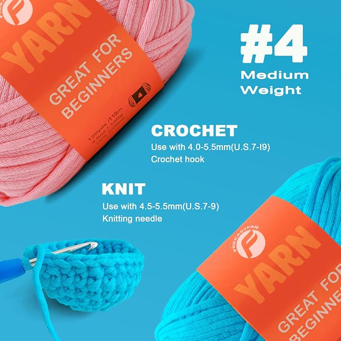 2x3.5Oz Beginner-Friendly Yarn for Crocheting and Knitting;Worsted-Weight Medium #4;Cotton Blend Yarn for Beginners with Easy-to-See Sitches,Great for Amigurumi DIY (Blue+Pink)