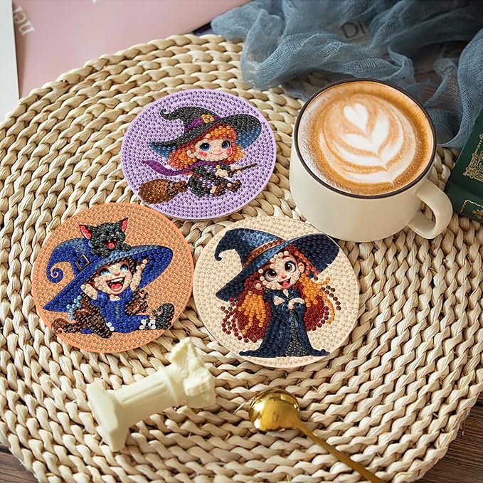 askkqtx 8 Pcs Halloween Diamond Art Coasters Kits with Holder 4X4 Inch