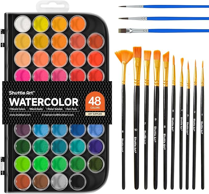 Shuttle Art 58 Pack Watercolor Paint Set, 48 Colors Watercolor Pan with 10 Paint Brushes for Beginners, Artists, Kids & Adults to Water Color Paint, Bullet Journal, Calligraphy Practice