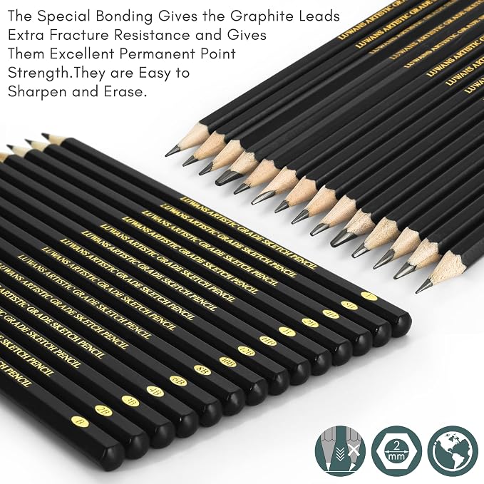 Luwans Drawing Pencils Set of 14 (B - 12B) Sketch Pencils for Drawing - Art Pencils for Shading, Sketching & Doodling | Professional Graphite Pencil for Artists & Beginners