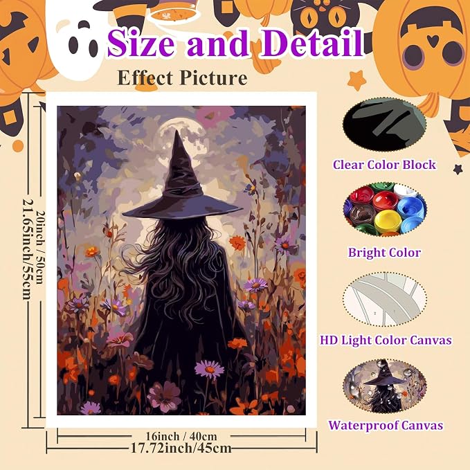 Paint by Numbers Kit for Adults, Witch Adult Paint by Number Kits 16x20 in | Halloween Painting by Numbers for Adults, Acrylic Paint, DIY Crafts for Adults, Ideal Gifts or Home Wall Decor, Frameless