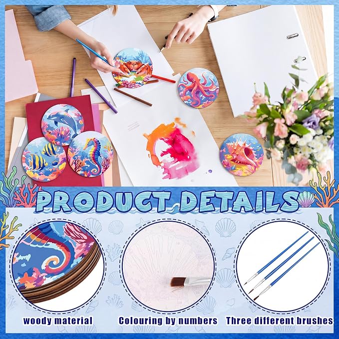 Reallnaive 8 Pcs Ocean Paint by Numbers Kit for Adults Wood Coastal Coaster | Mini Paint by Numbers, Tiny Marine Animal Round Oil Painting Drink Coaster with Holder, for Small DIY Craft Pink Blue Gift