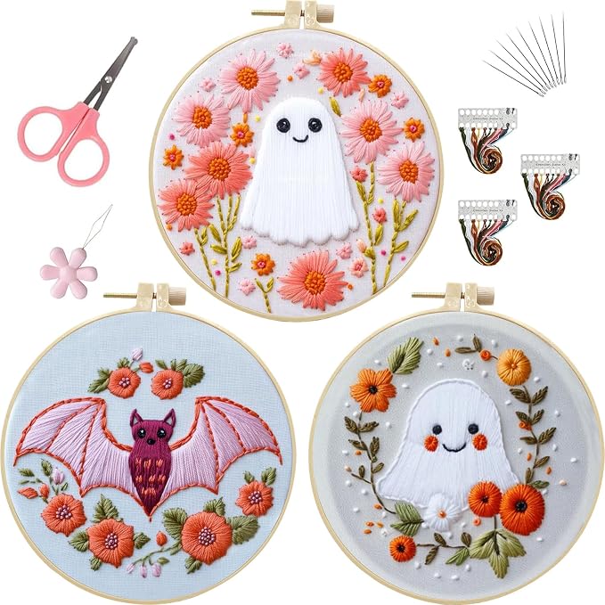 LB Pink Halloween Embroidery Kit for Beginners Adults, 3 Sets Hand Embroidery Starter Kit with Ghost Pattern and Instructions Stamped Cross Stitch Kits Include Embroidery Hoop Needles Threads Scissors