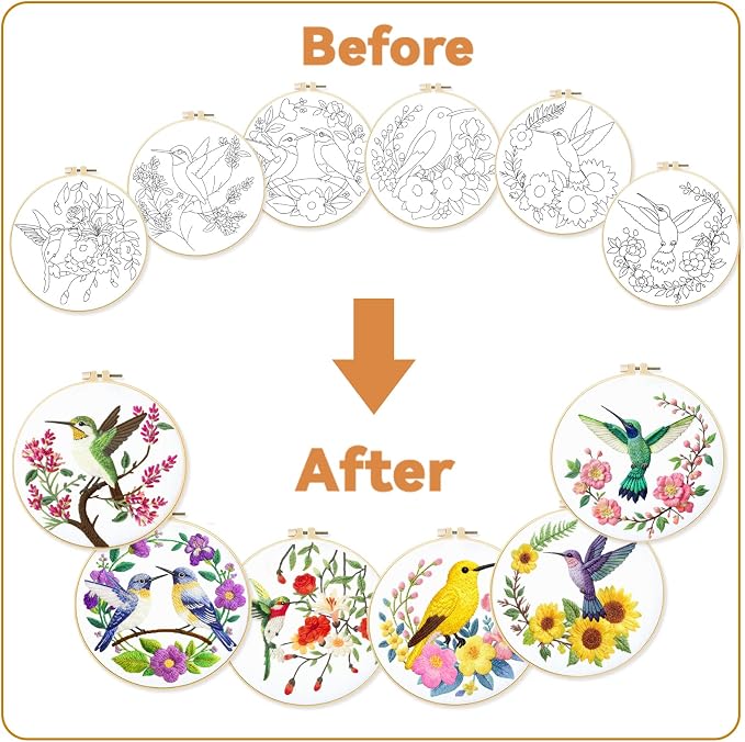 BEUNITONE 6 Set Hummingbird Starter Embroidery Kit with Pre-Stamped Pattern