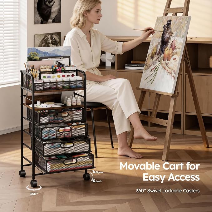 Homsorout Rolling Art Cart with 4 Drawers, Rustic