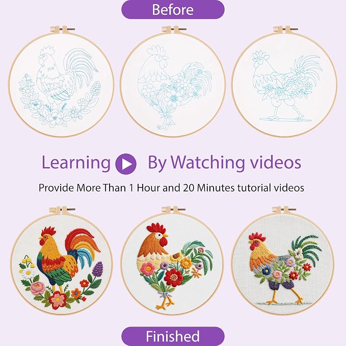Uniartfy 3 Pack Funny Rooster and Flower Embroidery Kits for Beginners, Animal Cross Stitch Kit for Adults, DIY Needlepoint with Stamped Pattern, Embroidery Hoop, Tools, Colorful Threads, Instructions