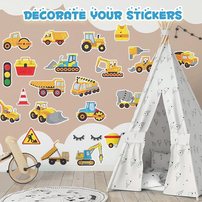 Labeol Diamond Art Kits for Kids Boys and Girls Ages 6-8-10-12 Easy to DIY Creative Diamond Art Sticker Craft by Numbers Kits for Kids and Adult Beginners (Engineering Vehicles)