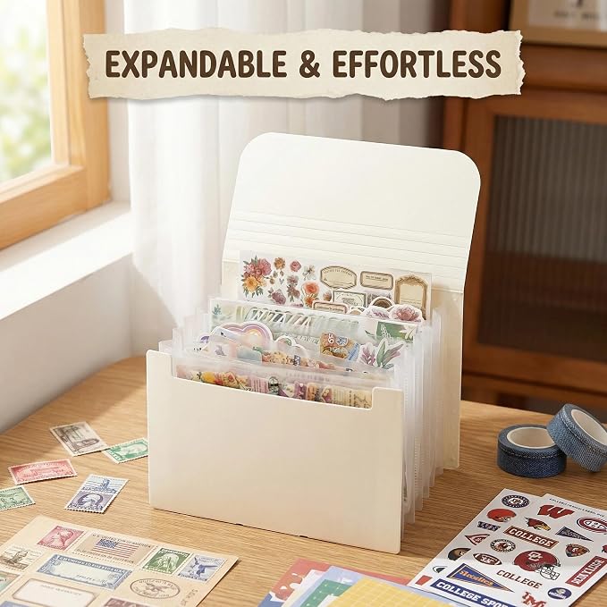 Sticker Storage Organizer with 7 Expandable Pockets, A6 Multi-Layer Desktop Sticker Binder for Scrapbook Essentials and Journal Organizer, Large Capacity for Thick Sticker Album, Washi Tape(Cream)