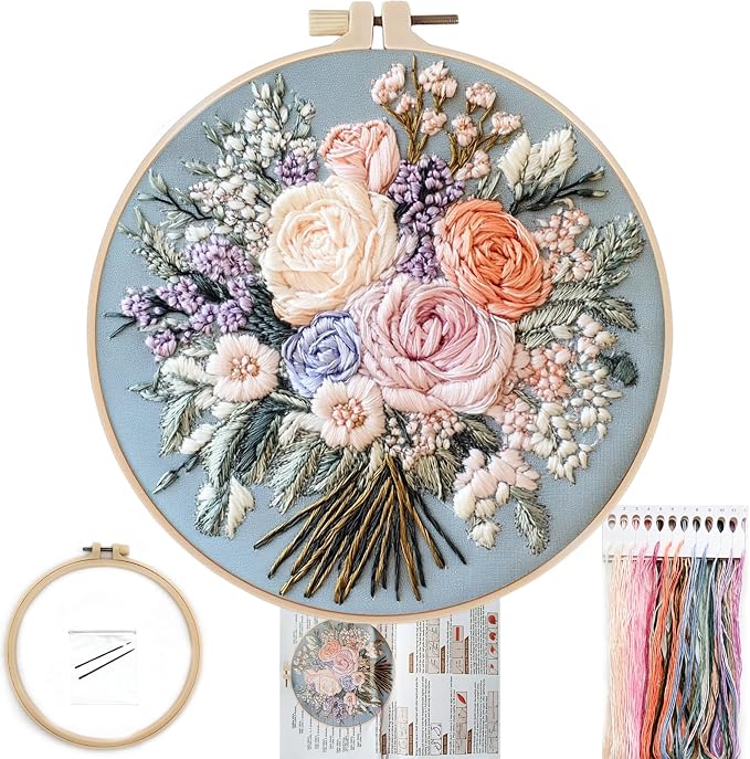 FONNUY Bouquet Flowers Embroidery Kit for Beginners, Pre-Stamped Pattern Kits for Adults with Hoop, Easy to Follow Color Thread Needlework, 8'' Hoop (Captivating Allure)